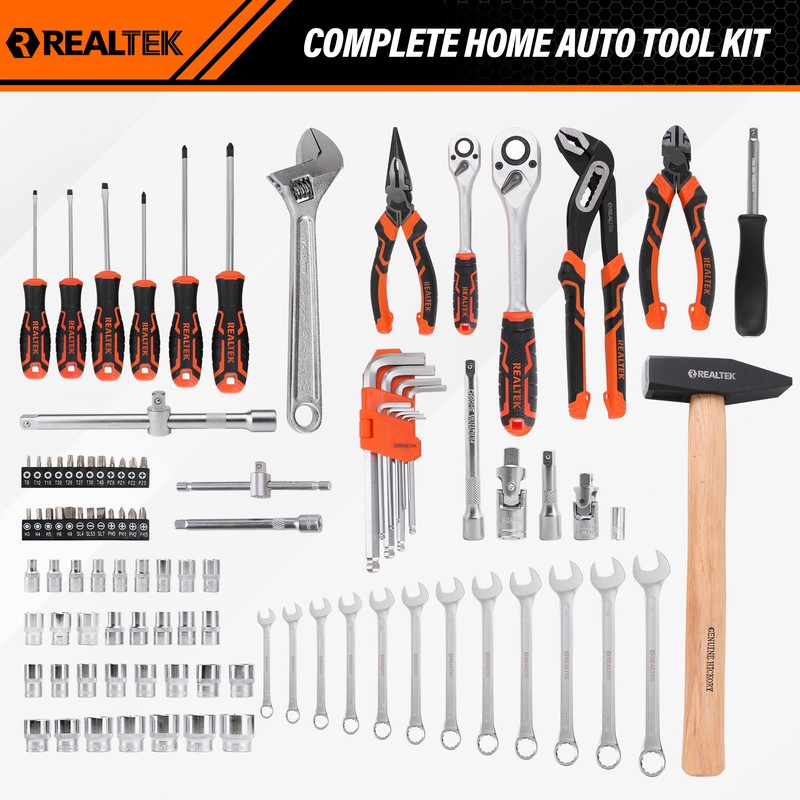 REALTEK 100 Piece Mechanic Tool Set, Car Tool Kit, Cr-V