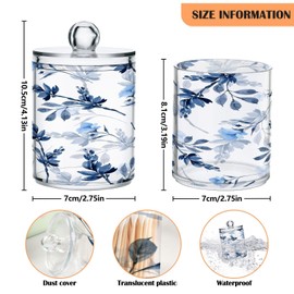 Kigai Navy Blue Leaves Qtip Holder - 14OZ Clear Plastic Apothecary Jars Bathroom Canister Dispenser Organizer Vanity Storage Jar with Lid for Cotton Ball, Cotton Swab, Floss (2PACK)