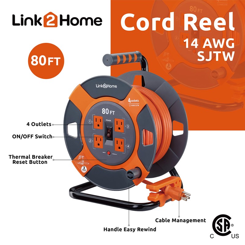 Link2Home Cord Reel 80 ft. Extension Cord 4 Power Outlets