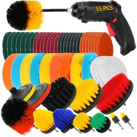 55pcs Drill Brush Attachment Set Cleaning Drill Scrubber Brush Kit with Cordless Screwdriver Drill Brush with Brush,Extend Long Attachment,Scouring Pads,Sponge,Polishing Pads for House,Car,BBQ
