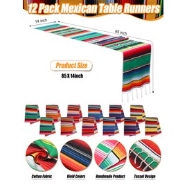 Newwiee 24 Pcs Mexican Table Runner and Tablecloth Set, Cotton Rainbow Serape Mexican Table Runner and Plastic Disposable Table Cover for Cinco De Mayo Fiesta Wedding Party Decoration(Vintage)