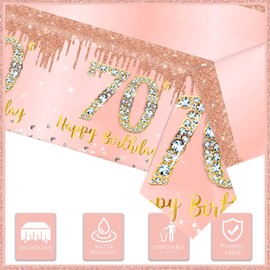 Rose Gold Happy 70th Birthday Table Cloth TableCover,137 * 274cm 70th Birthday Decorations for Womens,Large Plastic Tablecloth for Women,Lady,Her 70th Birthday Party Table Supplies Decoration