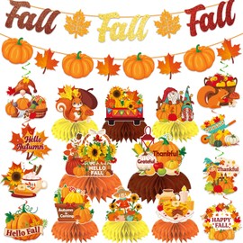 Fall Party Decorations, Need DIY Glitter Fall Banner, 8pcs Hanging Swirls and 8pcs Honeycomb Centerpieces Thanksgiving Party Decorations for Autumn Harvest Thanksgiving Decor