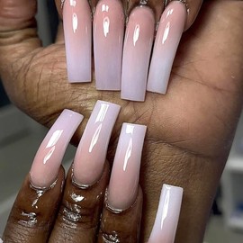 24Pcs Press on Nails Extra Long Curve Fake Nails Gradient Pink White Acrylic Glue on Nails Reusable False Nails Artificial Glossy Full Cover Natural Stick on Nails for Women Girls