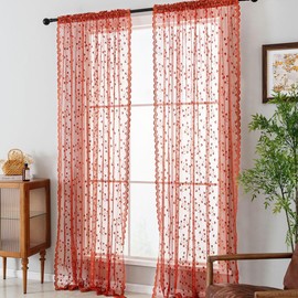 Pikiuche Voile Sheer Curtains for Bedroom - Floral Lace Curtains for Windows, Vintage Net Curtains 72 Inches Long for Living Room, Light Fliter Privacy Sheer Curtains 54 x 72 Inch, 2 PCs, Terracotta