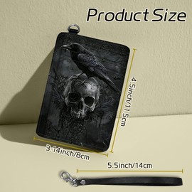 BWEGRHE Small Travel Wallets, Crow Skull Slim Minimalist Front Pocket Wallet with Wristlet, RFID Blocking PU Leather Credit Card Holder with ID Window Change Purse for Men Women