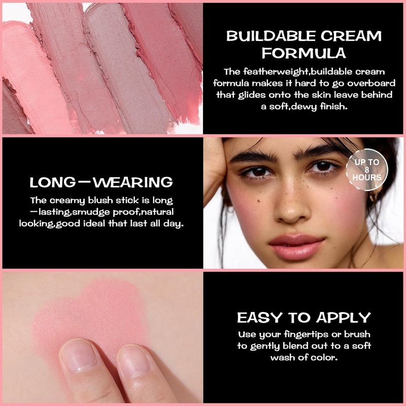FOCALLURE Cream Blush Makeup,Buildable Blush Stick for Cheeks,Matte and Dewy
