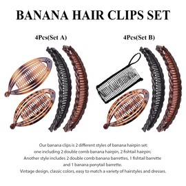 4Pcs Banana Hair Clips Set,Classic Vintage Fishtail Clincher Combs Tool Ponytail Holder Thick Curly or Straight Hair Accessories Set for Women Girls(Set B)