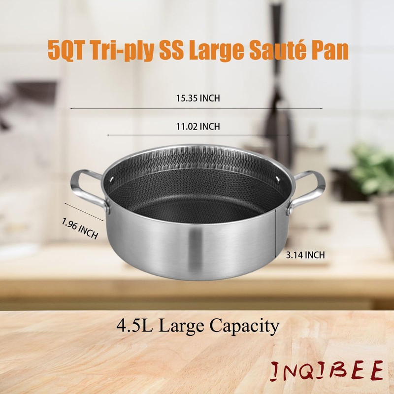 Inqibee 5 QT Hybrid Tri-Ply Stainless Steel Ceramic Coating Non