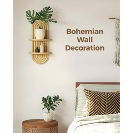 Bamworld Boho Wall Decor Plant Wall Shelf Mid Century Modern Decor Hanging Plant Shelf 2-Tier Wooden Floating Shelves for Home Bathroom Bedroom Living Room Office Holding Planter Decoration Natural