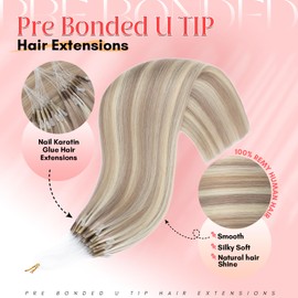 S-noilite U Tip Hair Extensions Human Hair Upgraded Micro Ring K Tip Hair Extensions Real Human Hair Pre Bonded Keratin Hair Extensions 50g/50 Stands 14 Inch Ash Blonde Highlighted Bleach Blonde