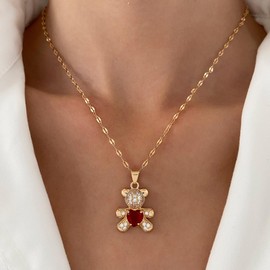 Wendalern Cubic Zirconia Bear Necklace Red Heart Crystal Teddy Bear Necklace Cute Animal Bear Pendant Necklace Gold Thin Chain Necklace Jewelry for Women Girls Kids