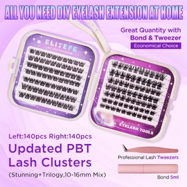 Elitefe Lash Extension Kit DIY 280Pcs Lash Clusters Kit Eyelash Extensions 10-16MM Individual Lashes Extensions with Lash Bond and Lash Tweezers