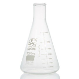 Globe Glass, Erlenmeyer Flask, 4000mL, Heavy Duty, Narrow Mouth, Dual Graduations, ASTM E1406, 1/Box