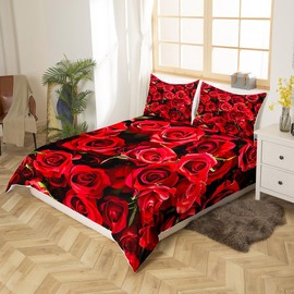Feelyou 3D Rose Bedding Set Rose Floral Print Comforter Cover for Kids Adult Romantic Flowers Pattern Duvet Cover Bedspread Cover Room Decor Red 3Pcs with 2 Pillow Case King Size