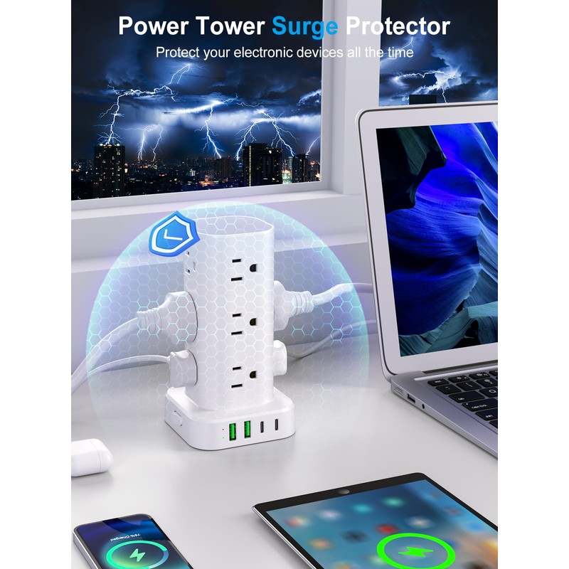 Power Strip Tower with Multiple Outlets, Flat Plug Surge Protector