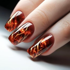 NGMATY Flame Press on Nails Short Coffin Fake Nails with Flame Stripes Designs-Glossy False Nails Full Cover Acrylic Nails Square Glue On Nails Stick on Nails for Women (Dark Red Striped)