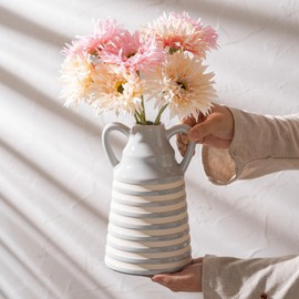 Ceramic Grey and White Checkered Stripes Vase with Handles, Hand-Painted Modern Bohemian Floral Vases Home Decor, Cottage Core Decor, Flower Vases for Bouquet Tabletop Bedroom Office Bookshelf 8.9 in