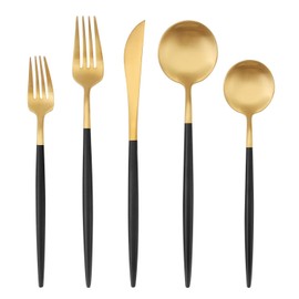 Matte Gold Silverware Set with black handle, Bysta 5-Piece Stainless Steel Flatware Set, Kitchen Utensil Set Service for 1, Tableware Cutlery Set for Home and Restaurant, Satin Finish, Dishwasher Safe