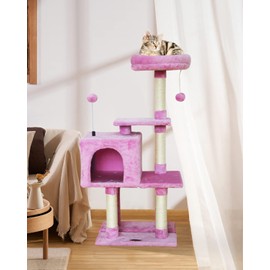 KIYUMI 18Pink Cat Tree Cat Tower Condo with Sisal Scratching Post for Indoor Cats Cat Tree Cat Furniture with Hammock Perch and Kitten Ball Toys, Multi-Level Pet Activity Center Pink