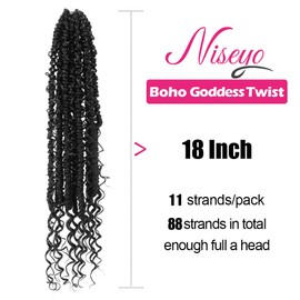 NISEYO Goddess Passion Twist Crochet Hair with Curly Ends 18 Inch, 8 Packs Boho Style Crochet Passion Twist Hair Pre looped, Long Pre-twisted Boho Braids (1#,Jet Black)