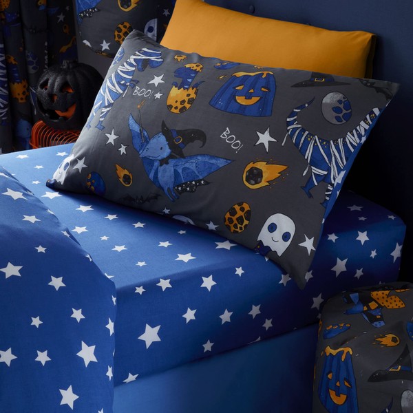 Happy Linen Company Girls Boys Kids Halloween Spooky Dinosaurs Glow In The Dark Black Toddler Cot Bed Reversible Extra Pair Of Toddler Pillow Cases