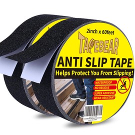 TAPEBEAR Black Safety Grip Tape 2inch x 60feet, Warning Anti-Slip Tape Strong Adhesive Waterproof for Indoor Outdoor Steps Stairs, Compatible with Plastic, Wood, Ceramic, Glass, Metal, 2Rolls