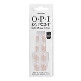 OPI On Point Bow-jour! | Short Round Nude & White French Tip with Gold Bow Design Nail Art Press On Nails | 24 Count with Glue | Long Lasting, Reusable, Non-damaging | Fall 2025 Shades