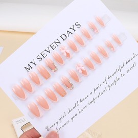 ANDGING French Tip Press on Nails White Square Short Medium Glue on Nails with 3D Bow Rhinestone FLower DesignsFake Nails Fantasy False Nails for Wedding Classy Acrylic Stick on Nails for Women