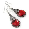Marcasite Hematite Crystal, Red Glass, Filigree Teardrop Earrings - 53mm