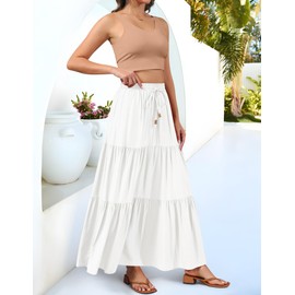 HAEOF Women's Summer Boho Elastic High Waist Maxi Skirt A-Line Flowy Swing Ruffle Tiered Long Beach Skirts with Pockets(White, L)