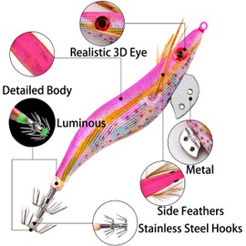 Squid Jig Hook Saltwater Fishing Lures, 10pcs/Bag Plastic Shrimp Hard Bait with Dual-Layer Hooks Squid Cuttlefish Sleeve Jig Hooks for Octopus Cuttlefish Fishing Tackle Box