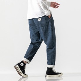 PRIJOUHE Mens Elastic Waist Drawstring Jeans Casual Stretchy Regular Fit Tapered Leg Distressed Jeans Pants