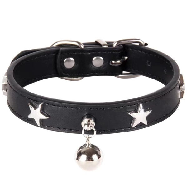 Dog Collar with Star Studs and Bell, Dog Necklace for