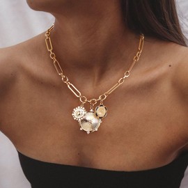 BriLove Chunky Gold Necklace for Women, Paperclip Chain Link Charm Trendy Circle Sun Flower Choker Pendants Necklaces for Summer Beach Accessories Hip Hop Gift Clear Gold-Tone