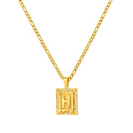 Initial Necklace for Men Women Gold Figaro Chain Stainless Steel Necklace for Mens Silver Chain Mens Gifts 22'' Letter H Necklace