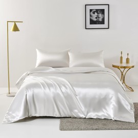 Chanyuan Weiß Seide Satin Bettwäsche Set 135x200cm mit Kopfkissenbezug 80x80cm 2 Teilig Bettbezug mit Reißverschluss