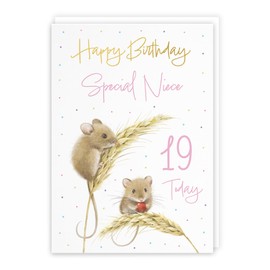 Hunts England - 19th Niece Cute Harvest Mice Gold Foil Birthday Card - A5 Size - Adorable Mouse On Wheat, Colourful Nature Design - Age 19 Happy Birthday Niece Card - Milo's Gallery