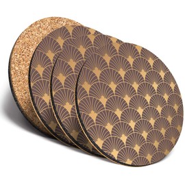 Great Coasters (Set of 4) Round - Gold Art Deco Pattern Vintage Retro Drink Glossy Coasters/Tabletop Protection for Any Table Type #12761