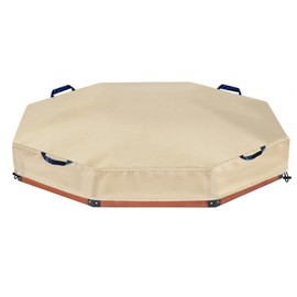 Octagon Sandbox Cover 86" x 78" x 10", Heavy Duty 420D Oxford Outdoor Sand Box Cover for Kids, Waterproof Dustproof Sandbox Protector with Drawstring & Carry Handles – Khaki with Navy Blue Trim