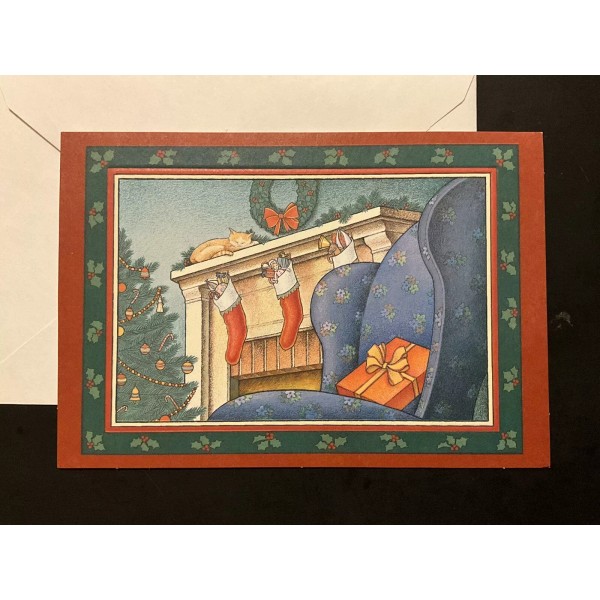 NEW Christmas Greeting Card Fireplace Mantel Hanging Stockings Xmas Tree