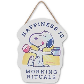 Peanuts Snoopy Happiness is Morning Rituals Hanging Wood Wall Decor - Cute Snoopy With Coffee Sign for Home or Office