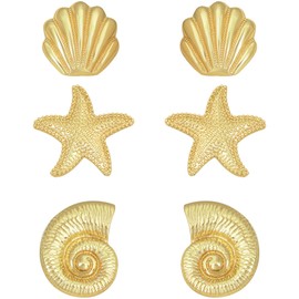 3Pcs 14K Gold Plated Ocean Stud Earrings Set - Seashell, Starfish & Conch Design, Hypoallergenic Beach Jewelry for Women, Summer Vacation Statement Earrings