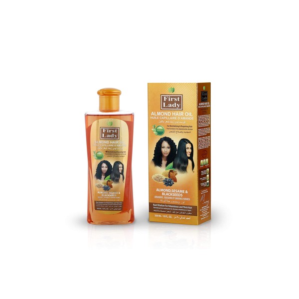 First Lady Herbal (Ayurvedic) Almond Oil for Hair Revitalises and Repairs Hair with Sesame and Black Seeds for Asian, European and Afro Hair Types 300ml