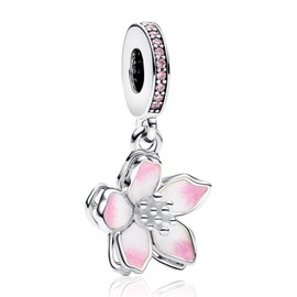 Doyafer Pink Cherry Blossom Sparkling Double-Layer Silver Pendant 925 Sterling Silver Charms fit Women's Bracelet Necklace Pendant Birthday Gift for Family Friends