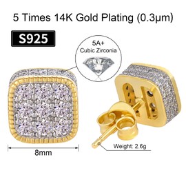 VEXXS S925 Diamond Stud Earrings for Men, 14K Real Gold Plated Iced Out Earrings 5A CZ Stones 925 Sterling Silver Studs for Men Women Hypoallergenic Earrings, Sterling Silver, Zircon