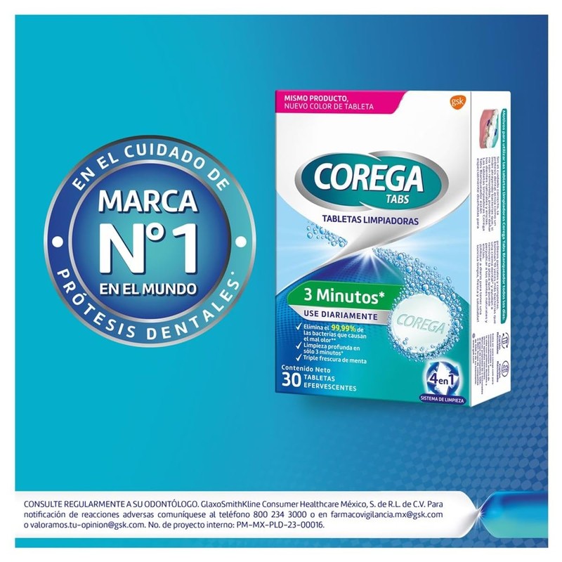 Corega Tabs 3 Minutos, Limpiador de Prótesis Dentales, 30 Tabletas