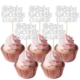 24 piezas de adornos de copos de nieve para cupcakes con purpurina para invierno, para el país de las maravillas del invierno, baby shower, cumpleaños, fiesta, decoración de pasteles, color plateado