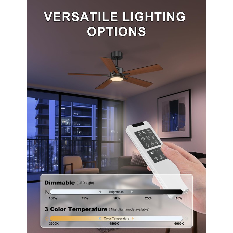 Ohniyou 48'' Ceiling Fans with Lights and Remote, 6 Speeds,