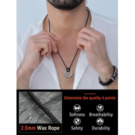 FaithHeart Viking Runes Necklace, Men's Black Leather Necklaces Stainless Steel Norse Symbol Coin Pendant Jewellery, Nordic Gifts for Man